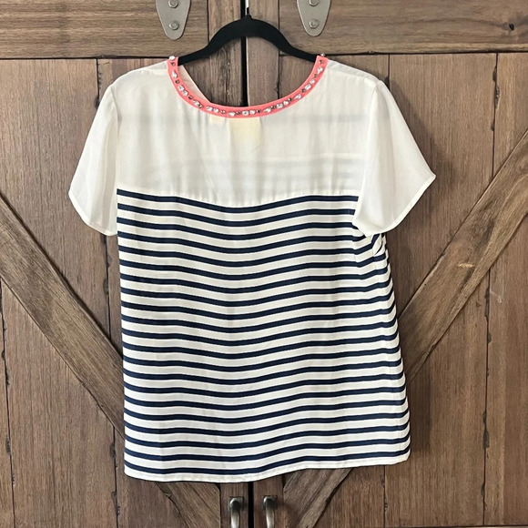 Anthropologie Maeve Striped Jeweled Neck Short Sleeve Blouse Cream/Blue Size M - Picture 3 of 6